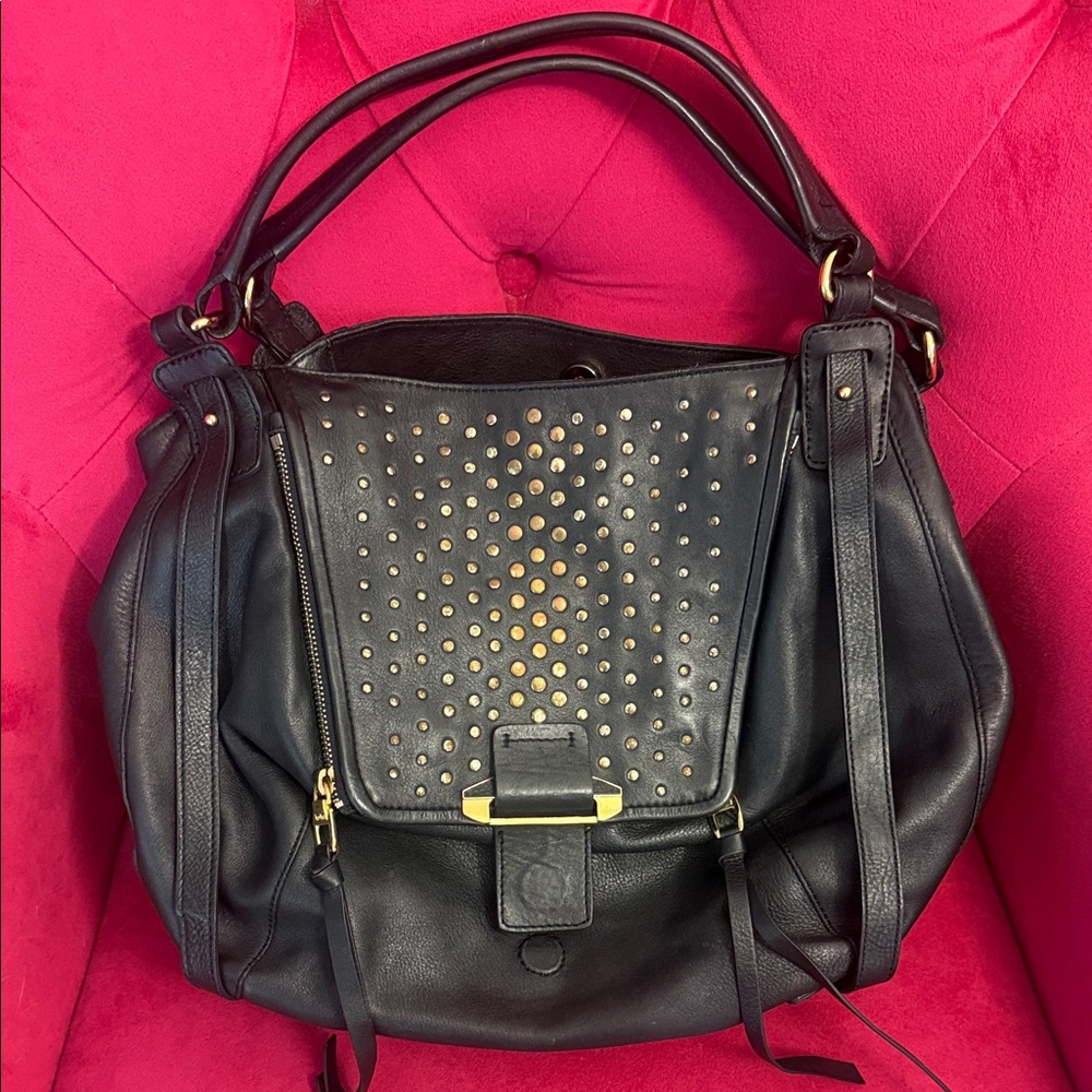 Kooba Jonnie Large Black Leather Shoulder Bag with Gold Studs